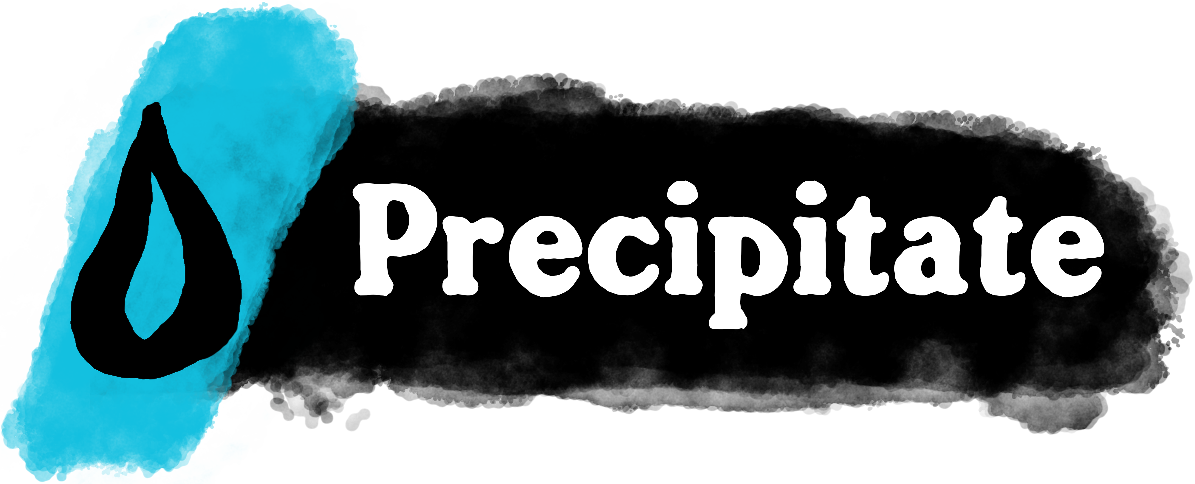 Precipitate's logo is a hallow, black rain drop with a cyan watercolor slash behind it